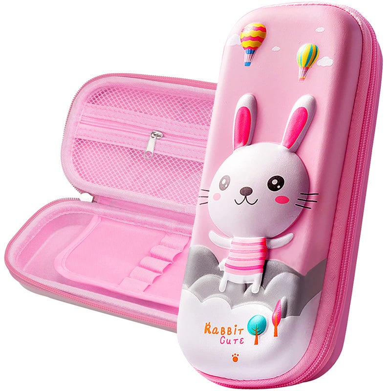 FEWOFJ 3D Rabbit Pencil Case for Kids Girls, Waterproof Pencil Box with Compartments Pen Pouch (Pink) - Image 1